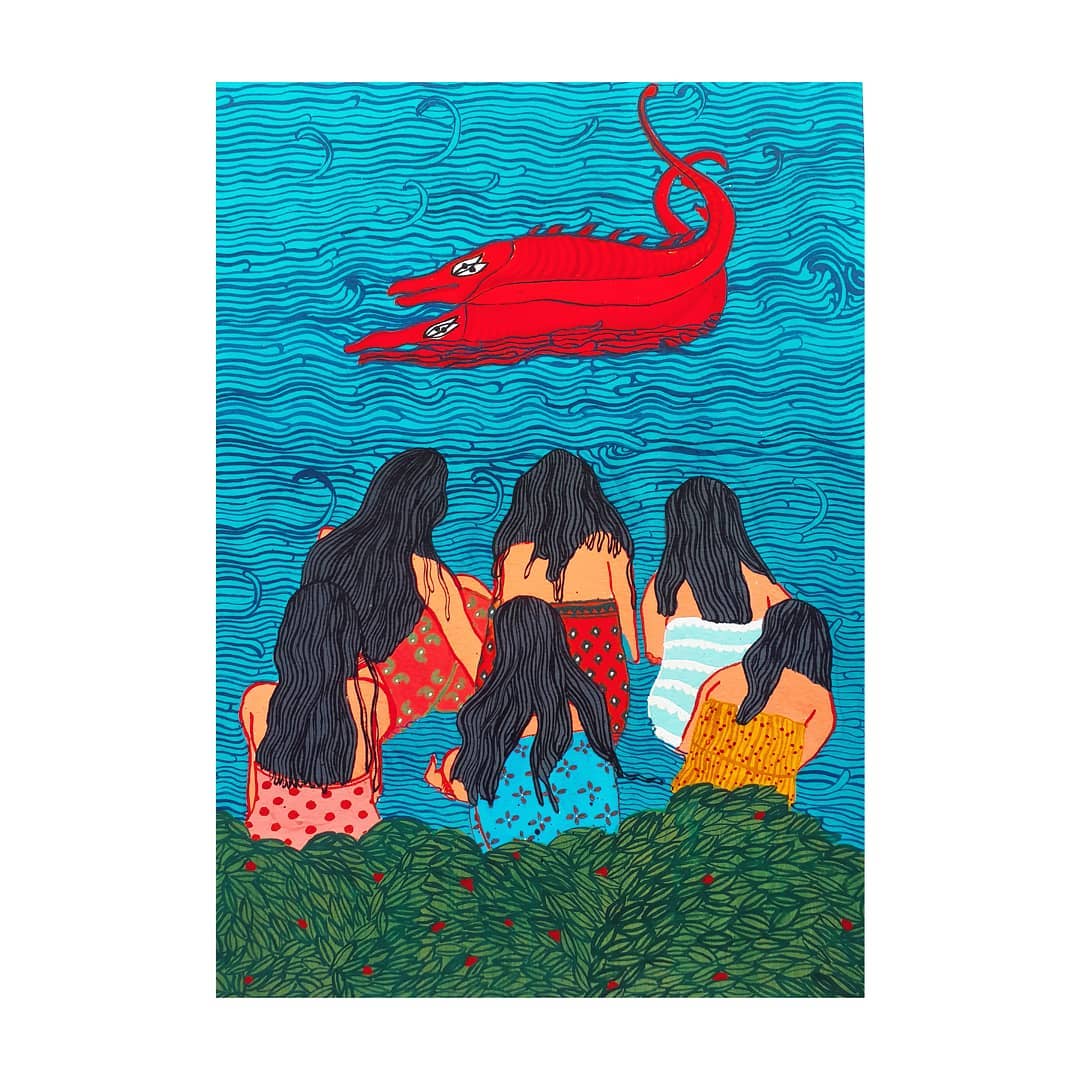 Women taking bath while watching the crocodiles.