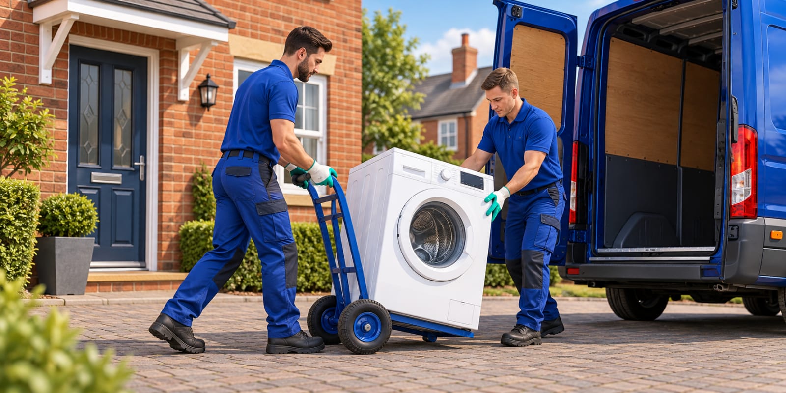 Illustration of two crew members moving a washing machine on an appliance trolley to a blue van