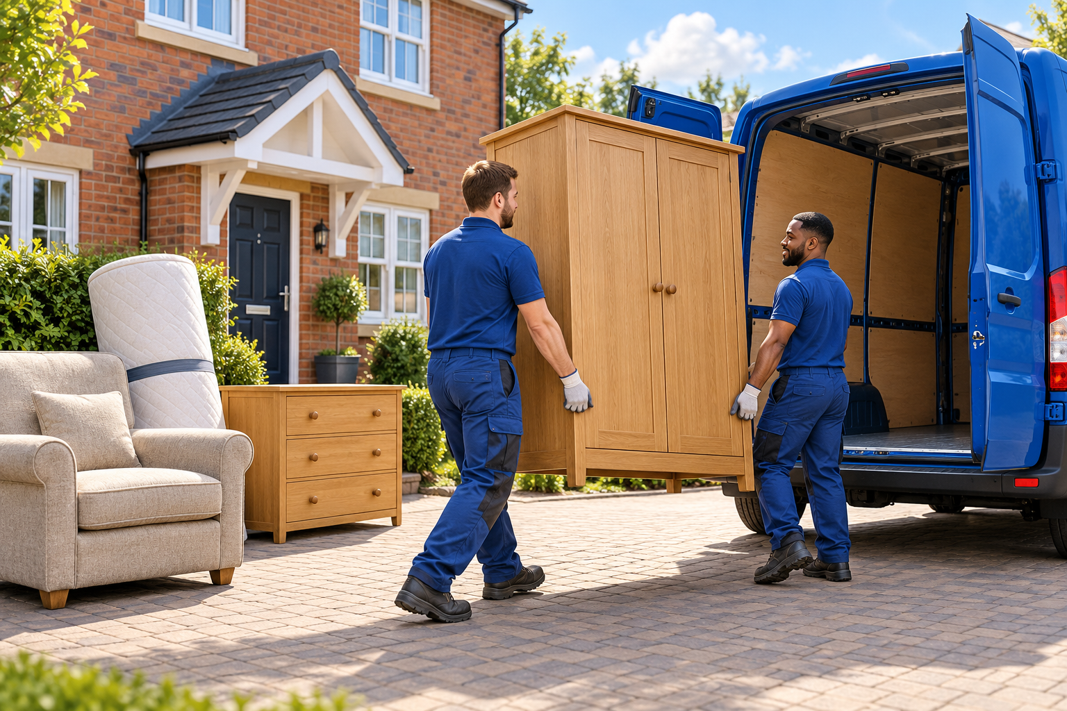 Illustration of a crew collecting a wardrobe and other bulky household items