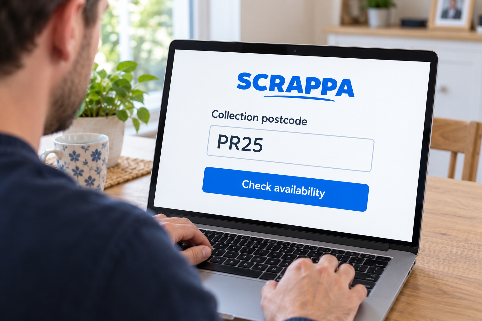 Enter a Leyland collection postcode, illustrated with PR25, in the Scrappa booking process