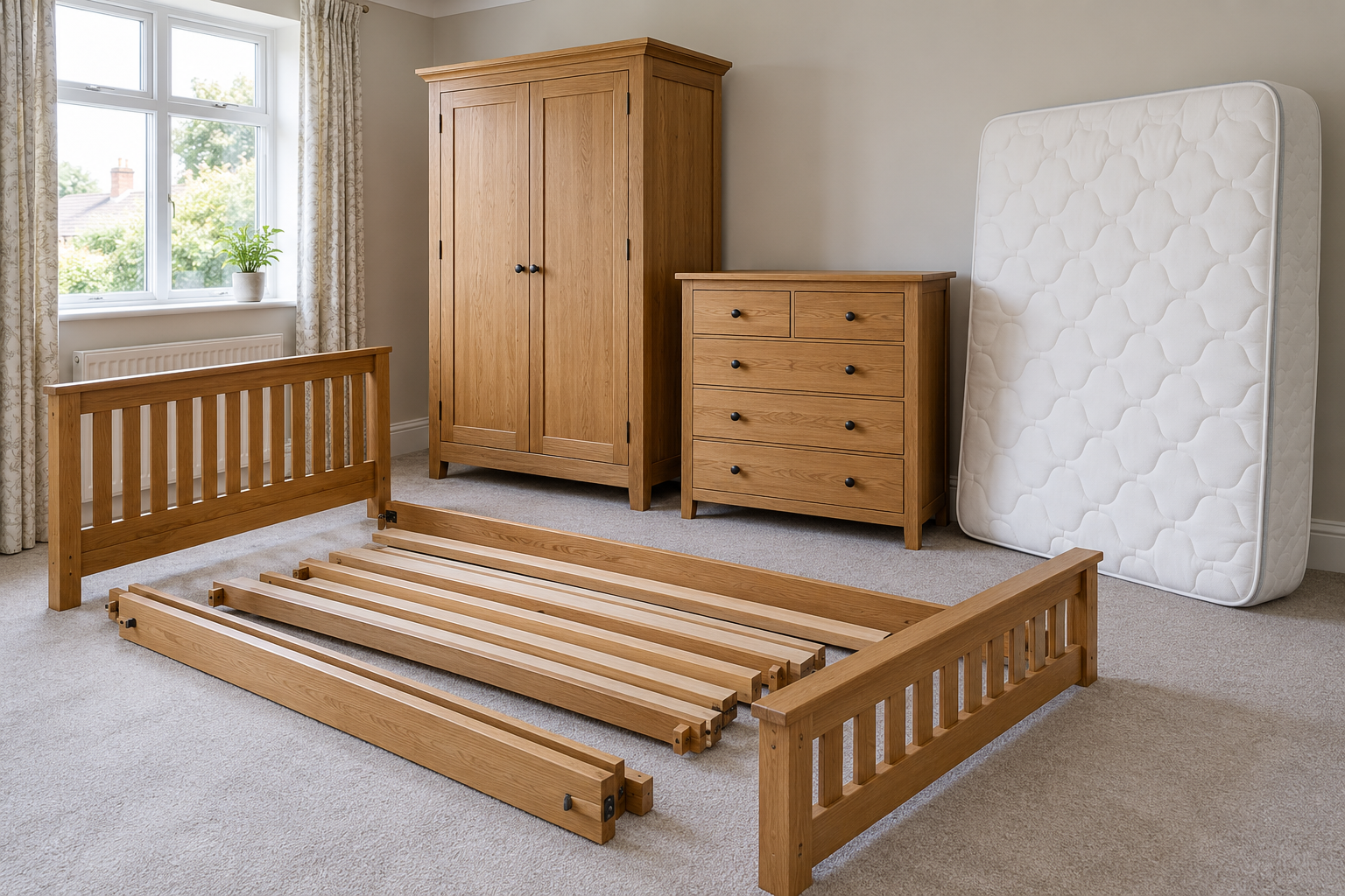 Generated illustration of bed frame, wardrobe and drawers