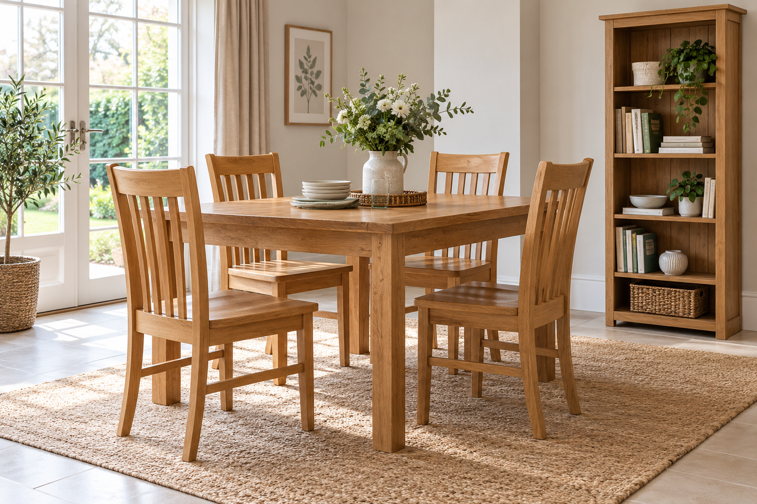 Generated illustration of dining furniture and bookcase