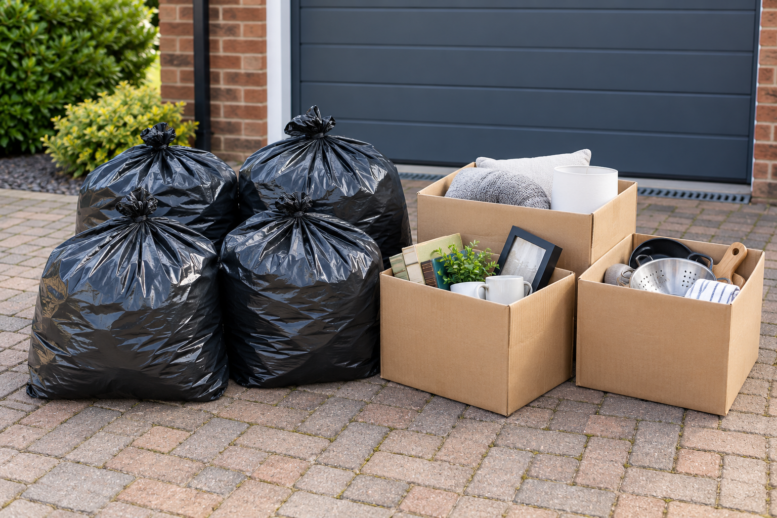 Generated illustration of stored household junk in bags and boxes