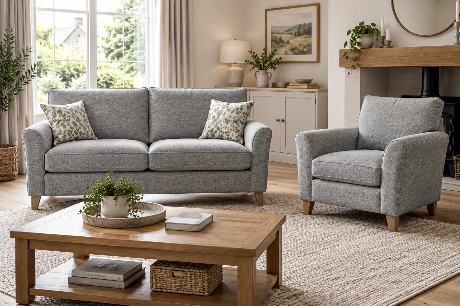 Grey sofa and armchair illustrating upholstered furniture collection