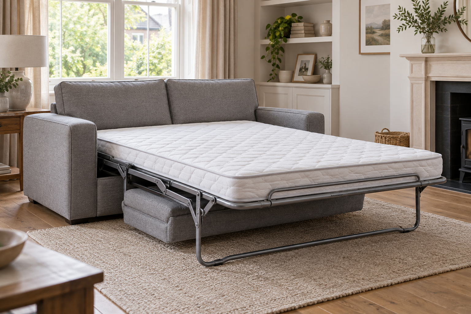 Sofa bed opened to show its internal folding mechanism