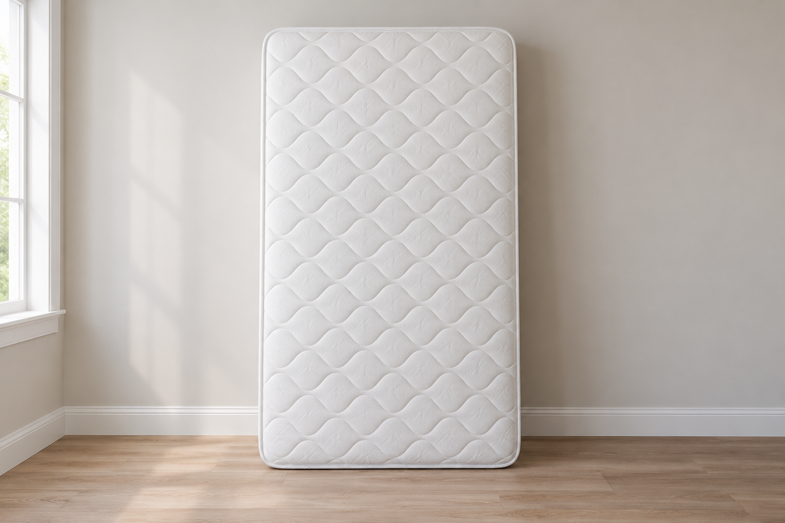 Single mattress standing upright in a bedroom