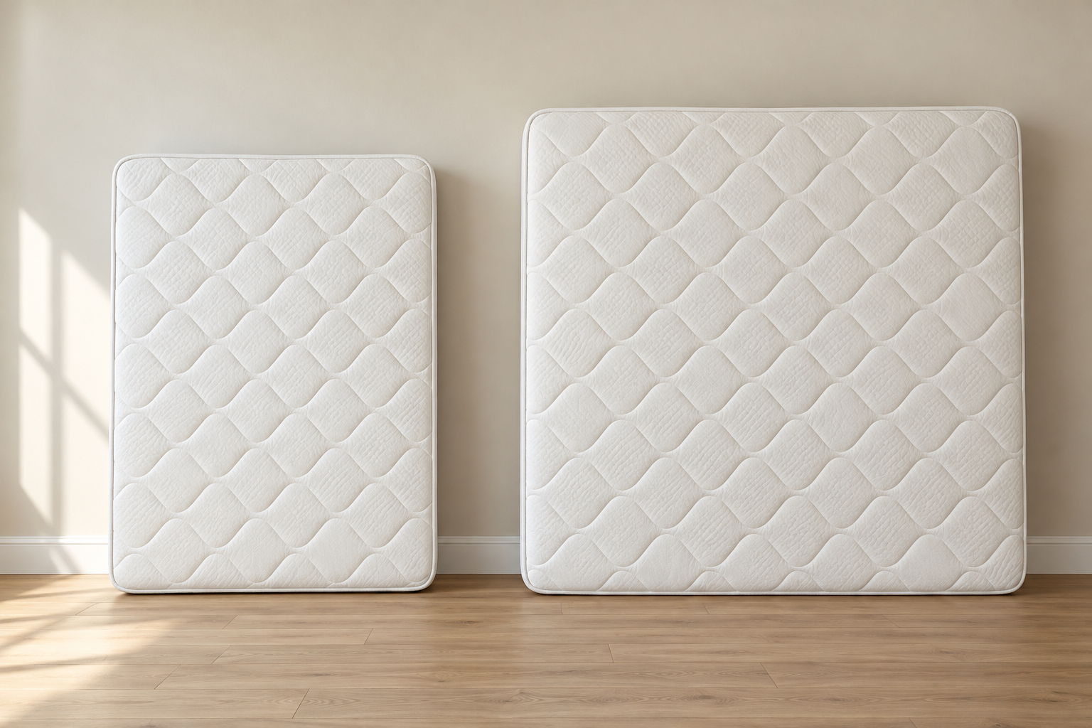 Two upright mattresses illustrating different sizes for Leyland mattress collection