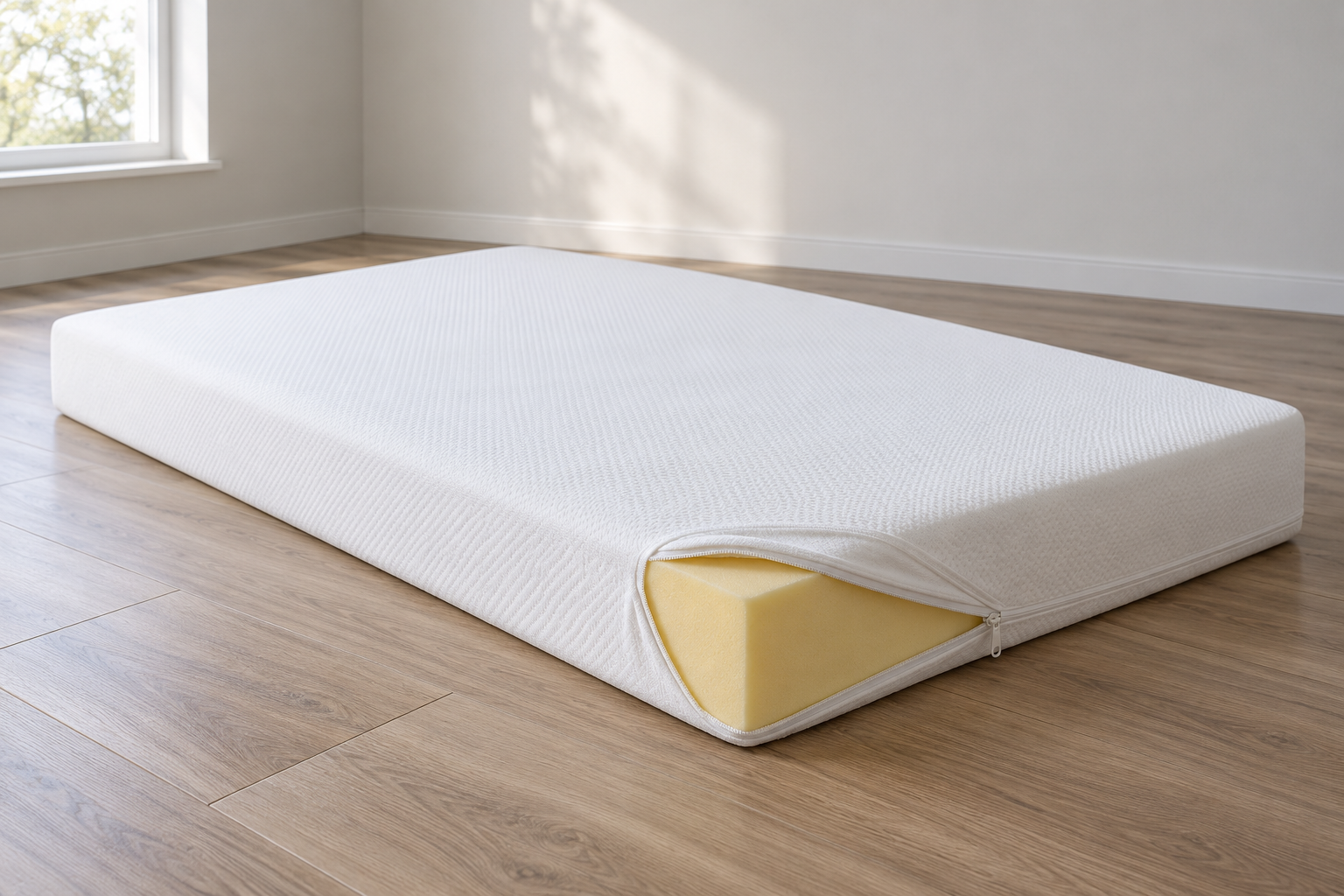 Foam mattress with a cover corner showing its layered construction