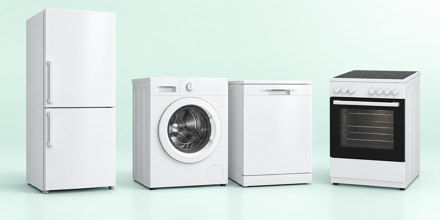 Illustration of household appliances including fridge and washing machine