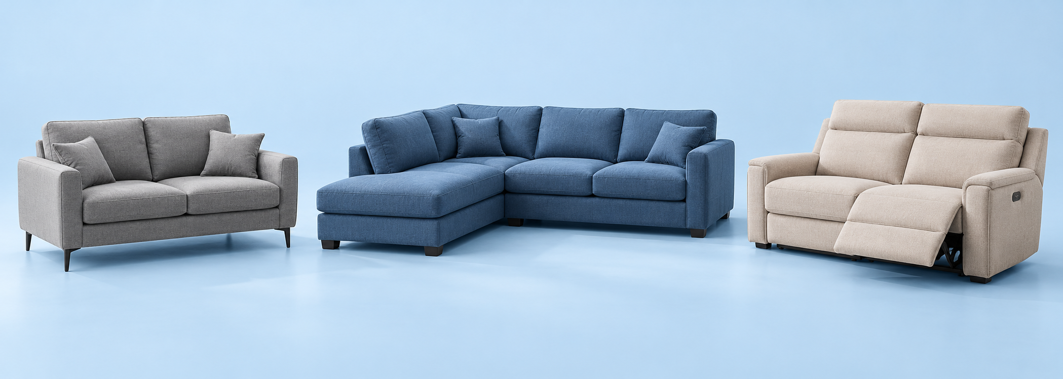 Generated illustration of standard, corner and reclining sofas