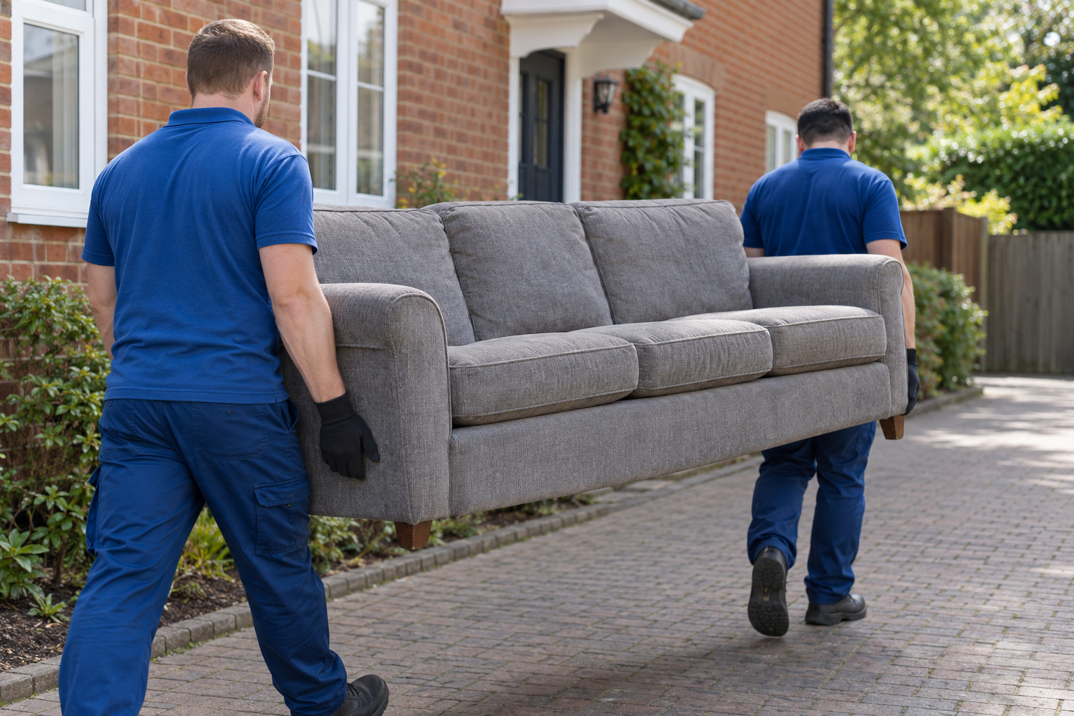 Illustrative sofa removal with two people carrying a sofa (illustrative image)