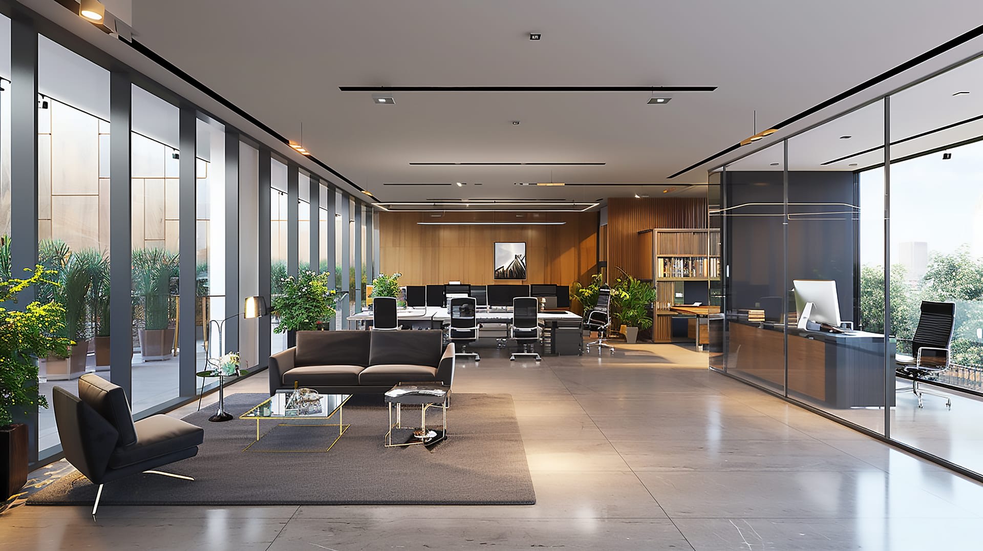Modern open-plan office interior with glass partitions and lounge seating