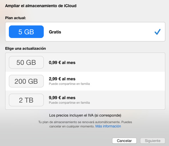 iCloud screenshot using the free plan and the upgrade options