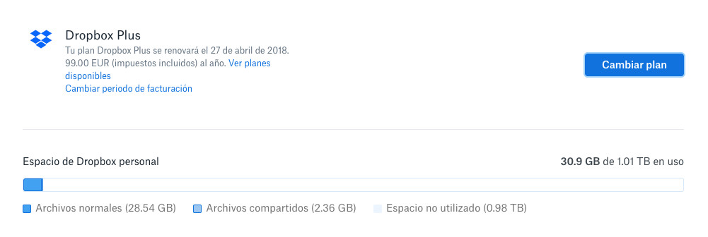 Captura de Dropbox con la información de mi suscripción