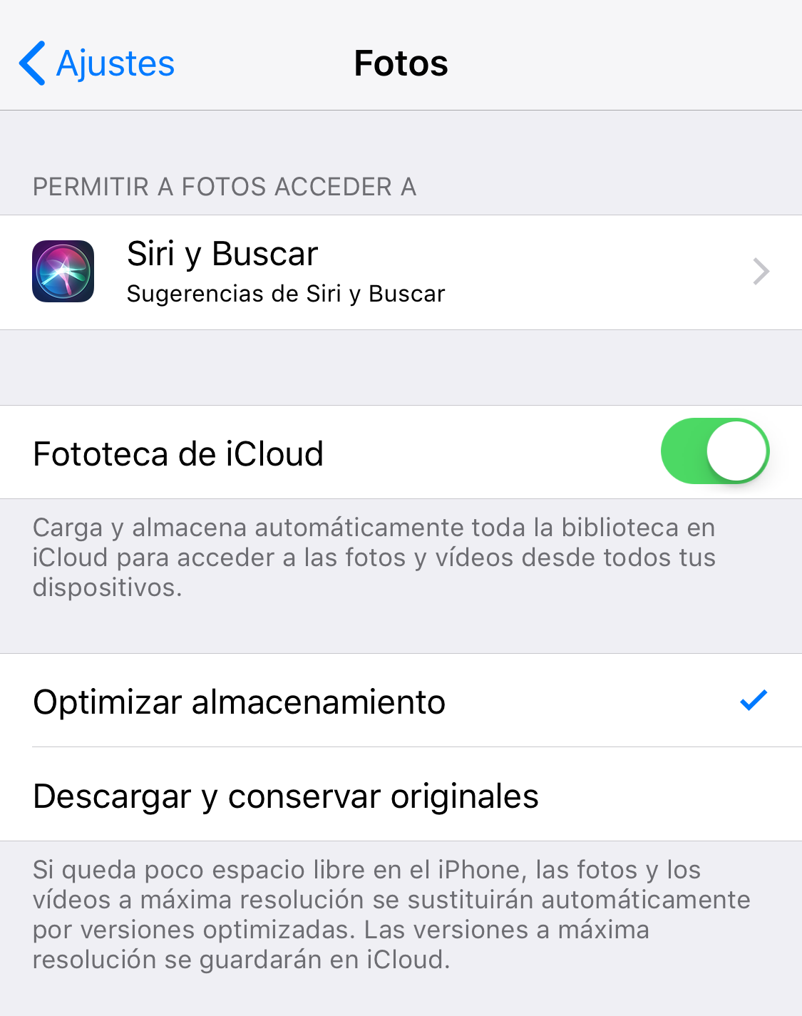 Captura de la configuración de Fotos en iCloud