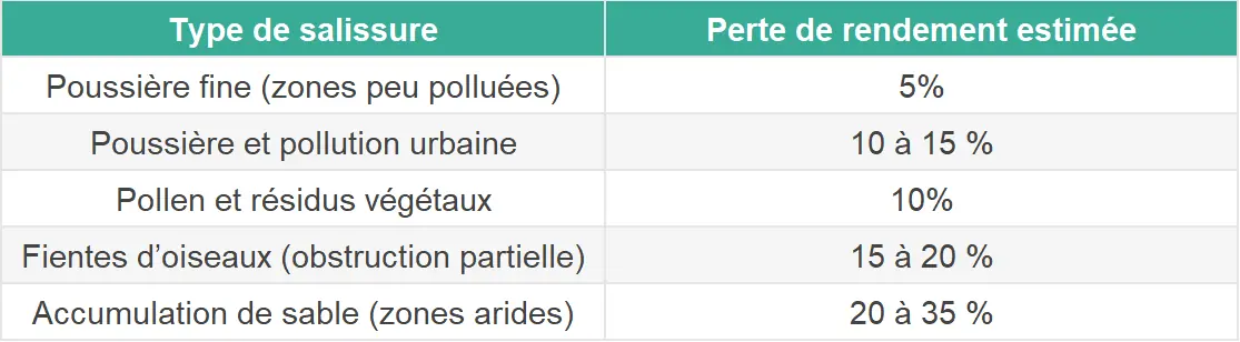 Perte d’efficacité des panneaux solaires en fonction des types de salissures