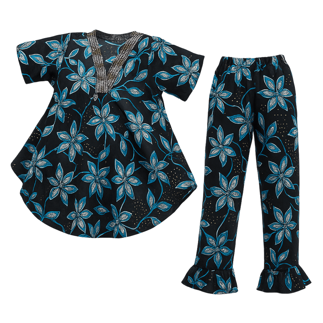 Ankara Top & Pants Set – Black, Blue & White Floral
