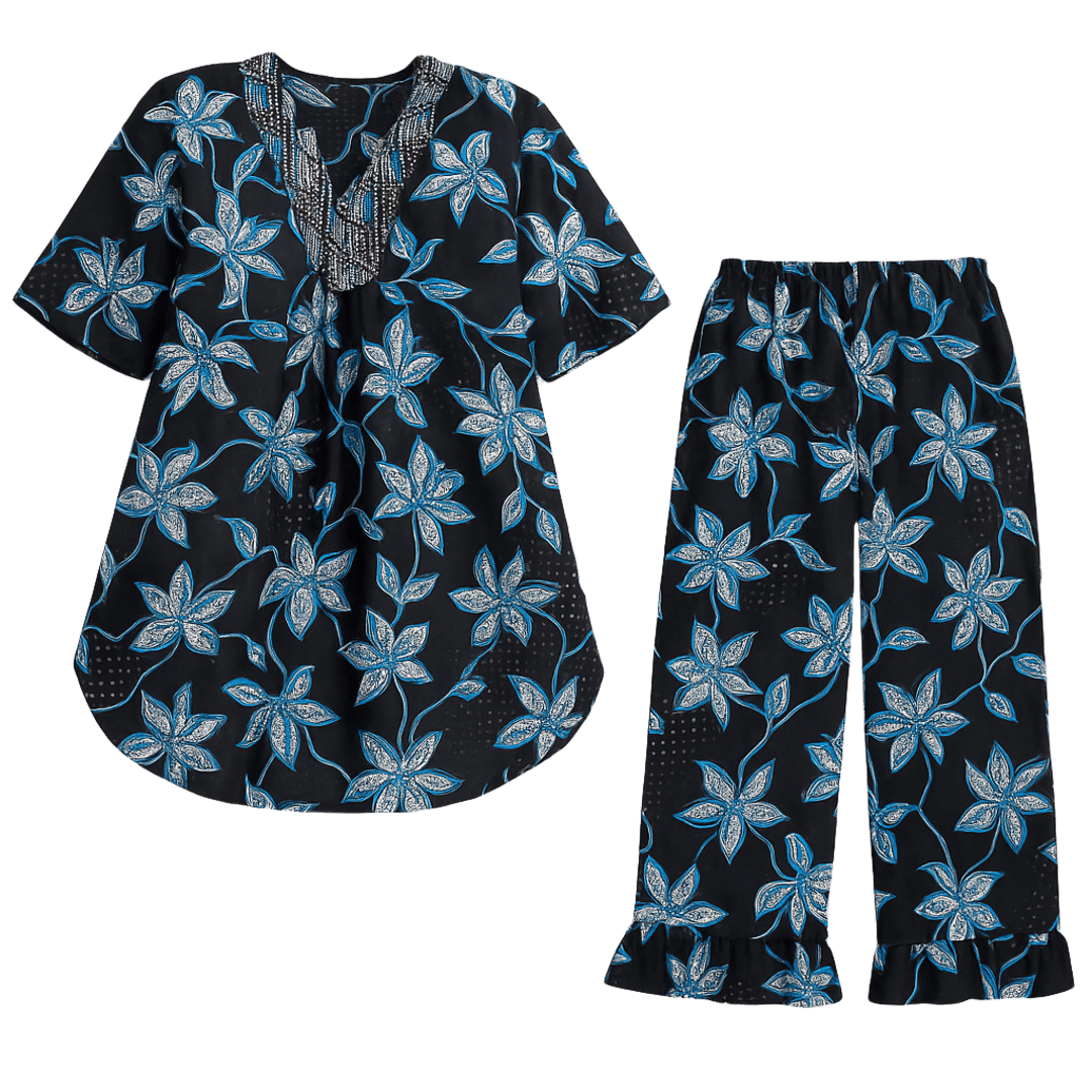 Ankara Top & Pants Set – Black, Blue & White Floral