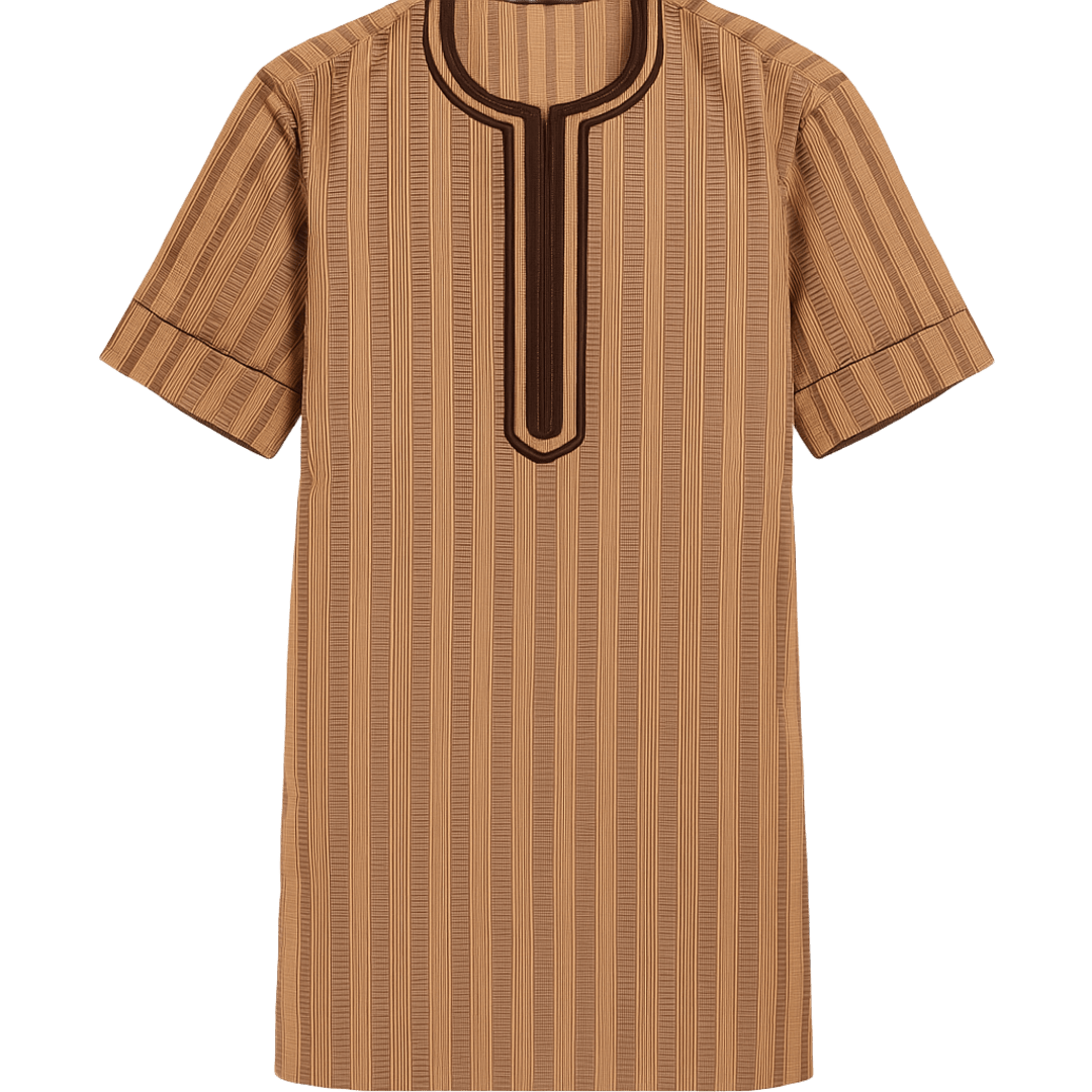 Men's African Pinstripe Kaftan Top & Pants – Brown Embroidered Neckline