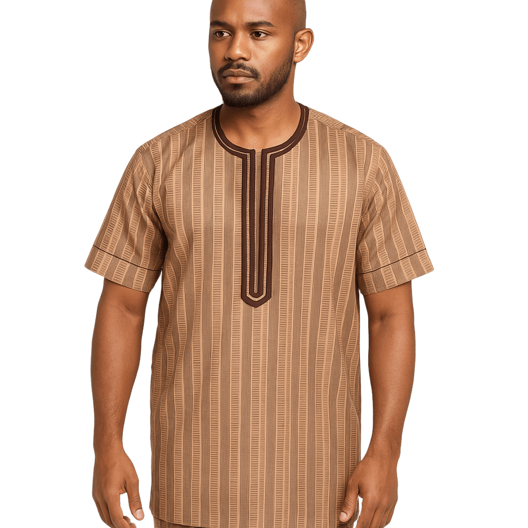 Men's African Pinstripe Kaftan Top & Pants – Brown Embroidered Neckline