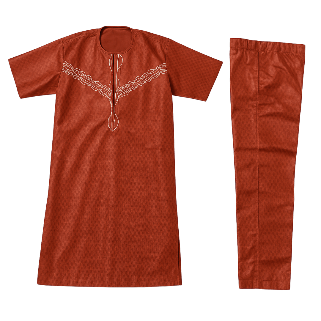 Men's African Senator 2-Piece Set – Burnt Orange with Embroidery