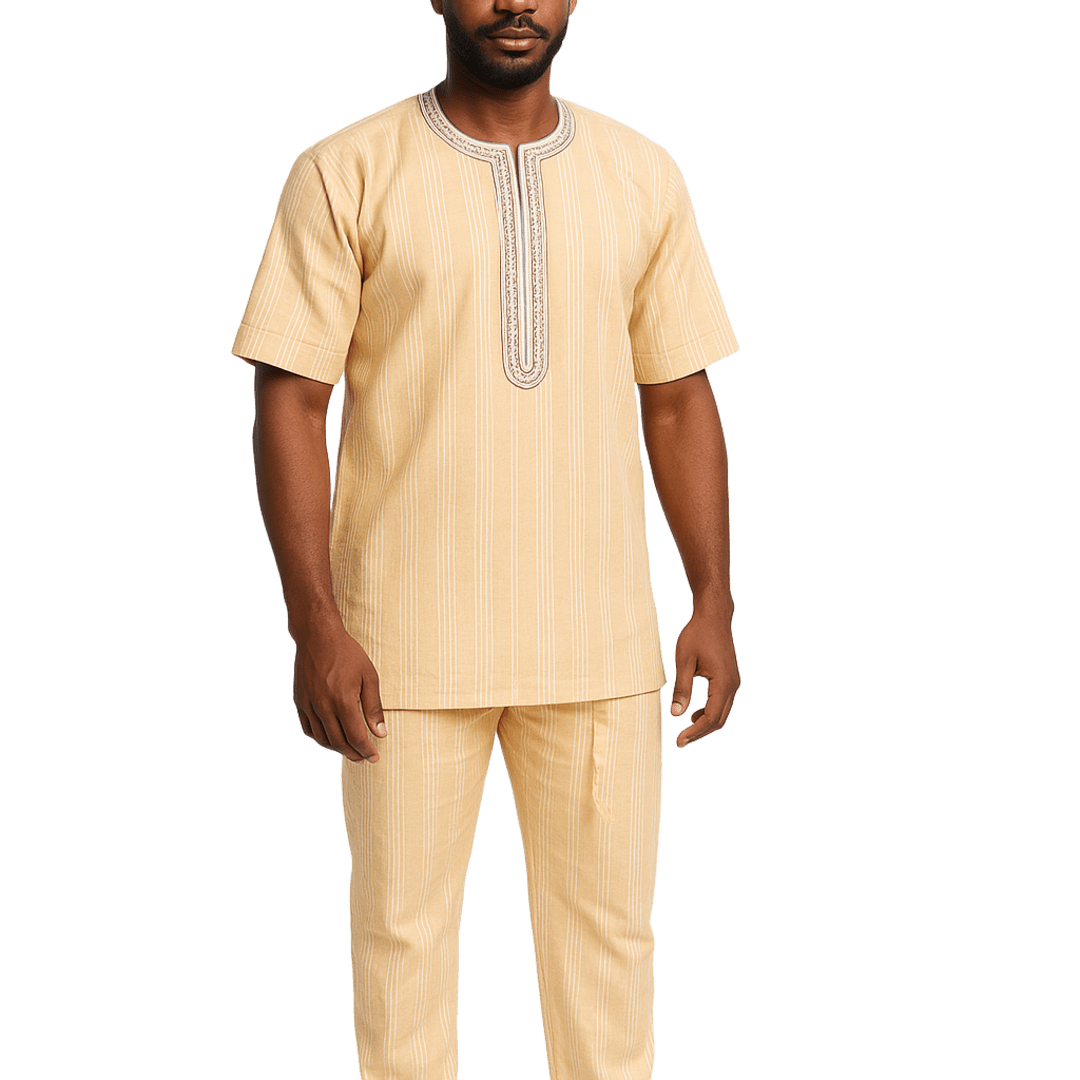 Men's Traditional African Striped Kaftan & Trouser Set – Sand Gold 2-Piece