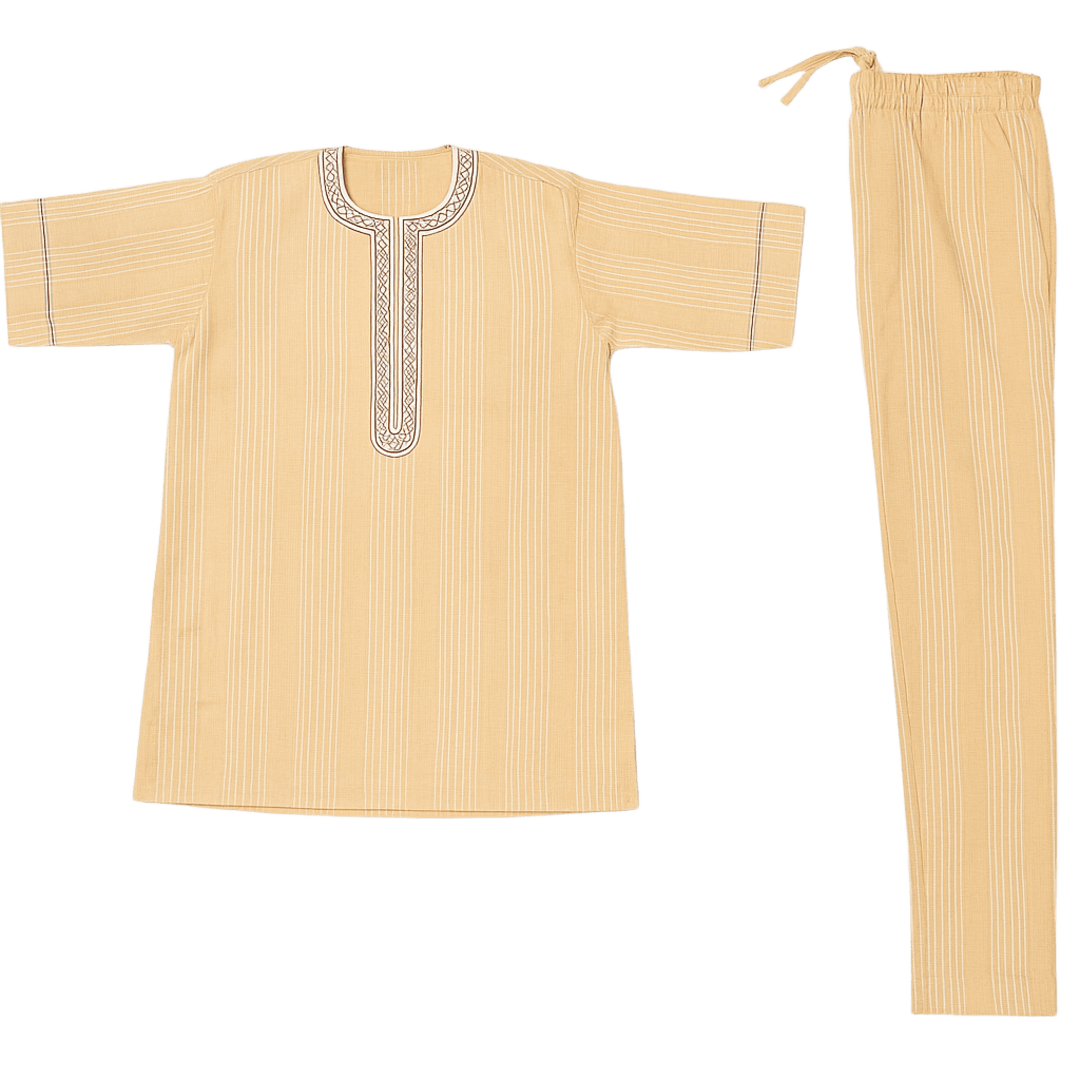 Men's Traditional African Striped Kaftan & Trouser Set – Sand Gold 2-Piece