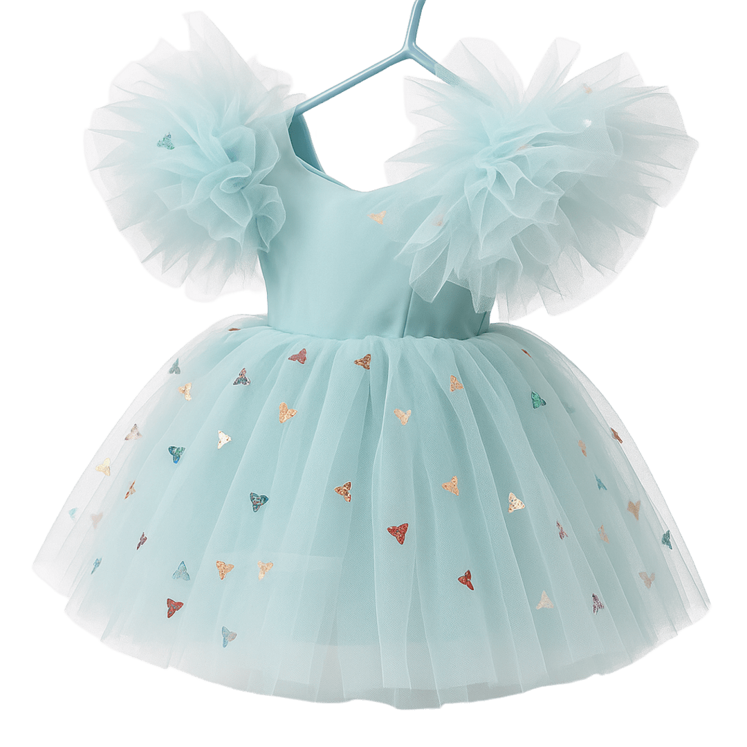 Girls' Mint Princess Dress with Colorful Butterfly Sequins