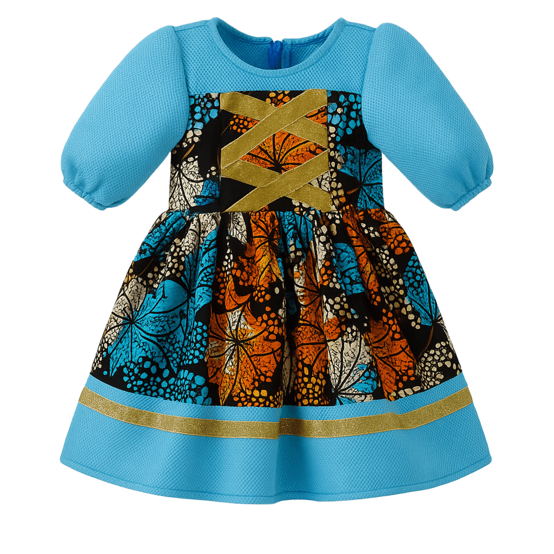 Girls' African Print Ankara Dress with Turquoise Mesh & Gold Trim
