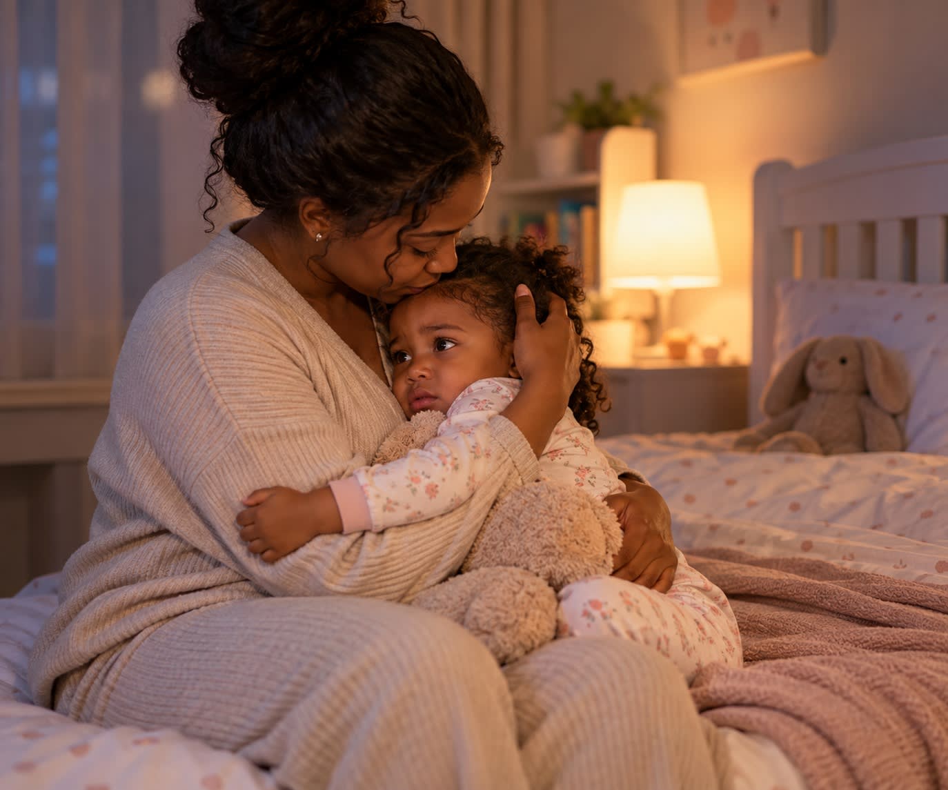 Parent comforting a toddler who clings to them during a tender bedtime moment.