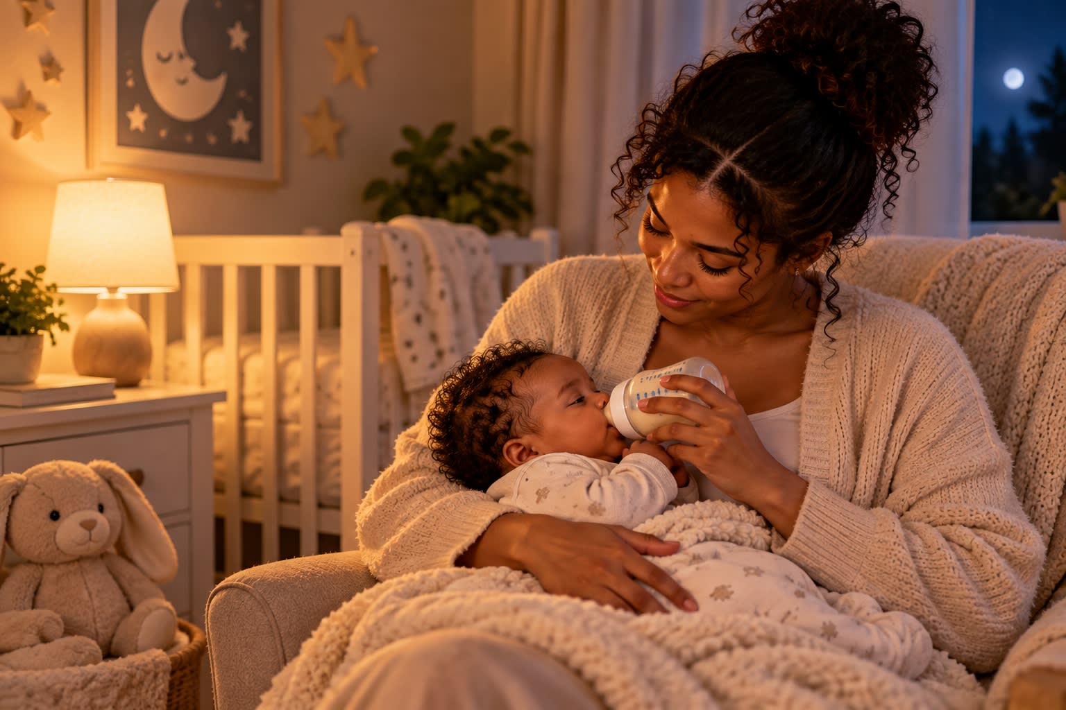Mother bottle-feeding her sleepy baby during a peaceful nighttime feeding in a cozy nursery.