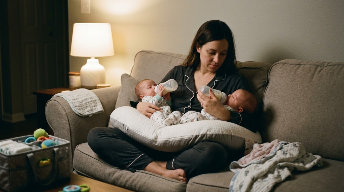 A mother sitting on a couch in a dimly lit room at night, carefully bottle-feeding her twin infants simultaneously as they rest side-by-side on a large twin support pillow on her lap.