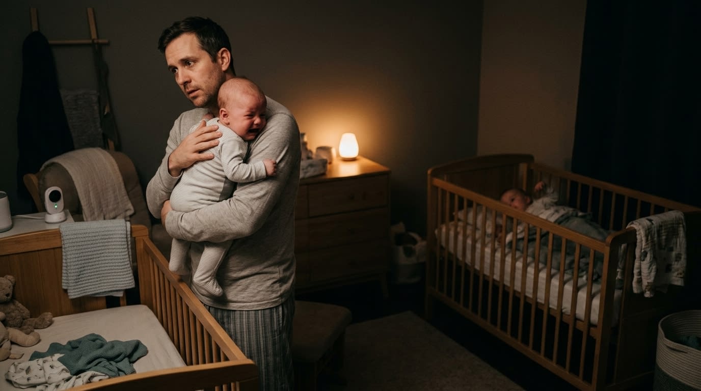 A father in a dimly lit nursery at night, holding and trying to soothe a crying infant next to a crib, while looking with concern toward a second crib where the twin is beginning to stir and wake up.