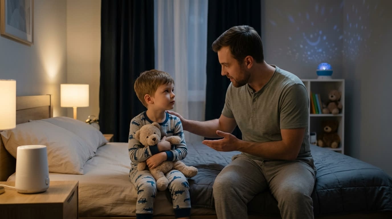 A father sitting on the edge of a bed, comforting his young son with autism before sleep, showing a patient, understanding moment in a dimly lit, sensory-friendly bedroom. Let me know when you are ready for the last one!