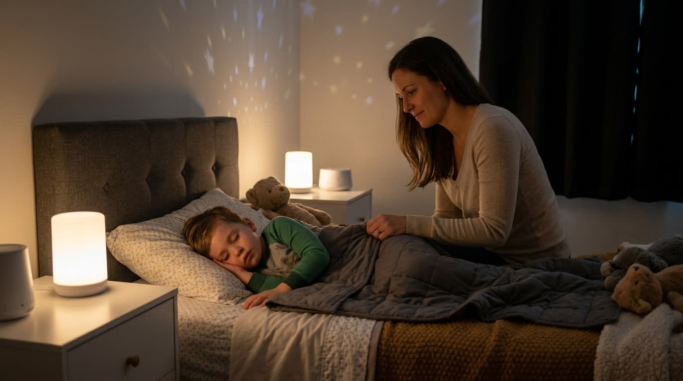 A mother gently tucking in her young son under a weighted blanket in a dimly lit, sensory-friendly bedroom with calming features like a soft nightlight and projected star patterns to support peaceful sleep.