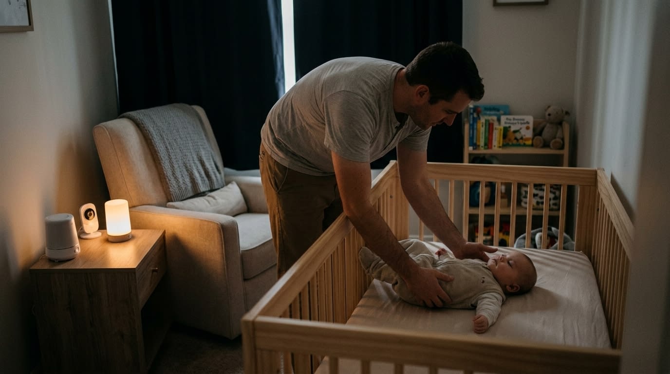 A candid photograph of a father leaning over a wooden crib in a dimly lit nursery, carefully lowering his sleepy infant onto the mattress while keeping supportive hands on the baby to encourage a smooth transition, capturing tips for a baby who won't sleep in their crib.