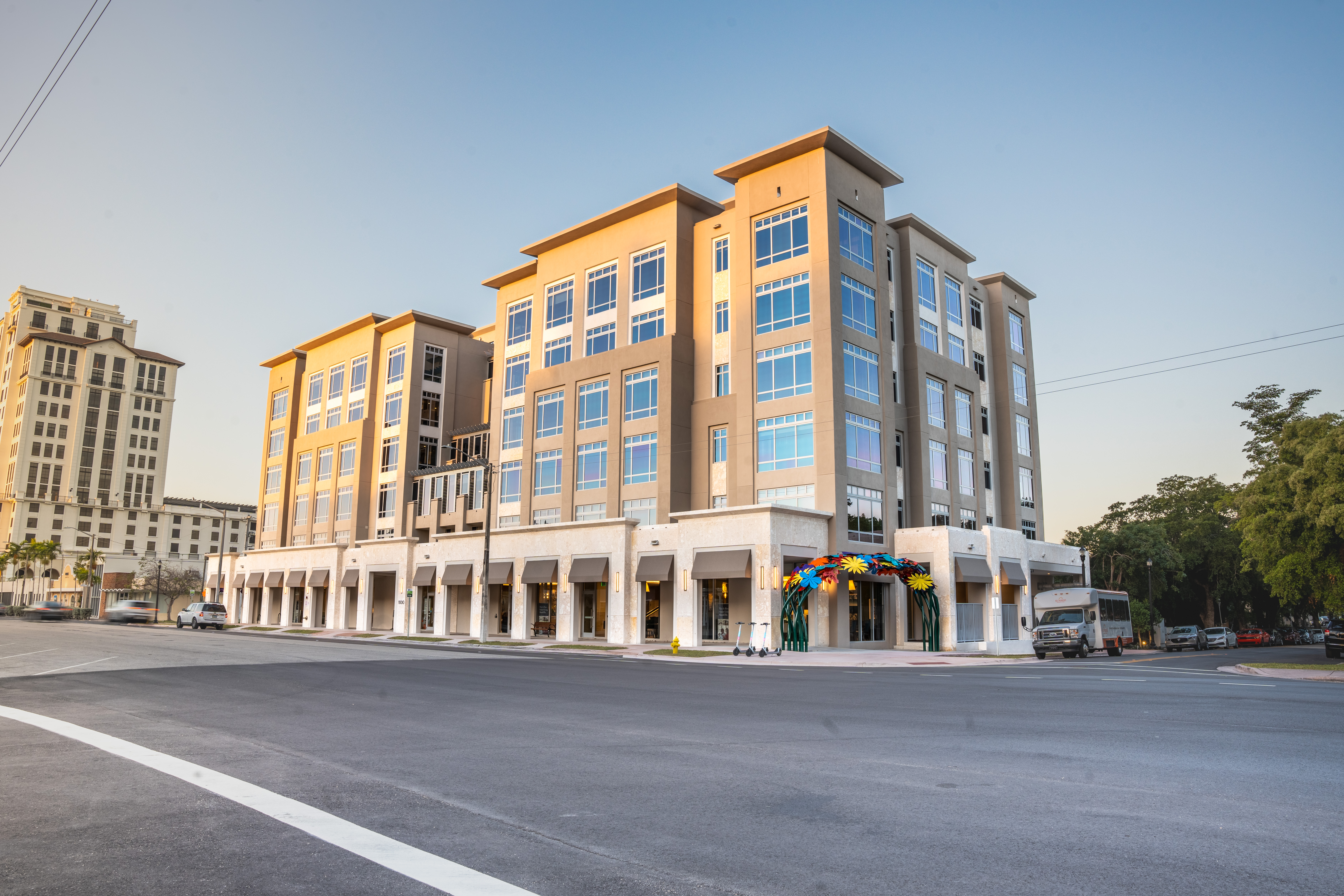 Sunrise golden hour exterior photography of Sunrise Senior Living in Coral Gables Florida — HDR architectural photography