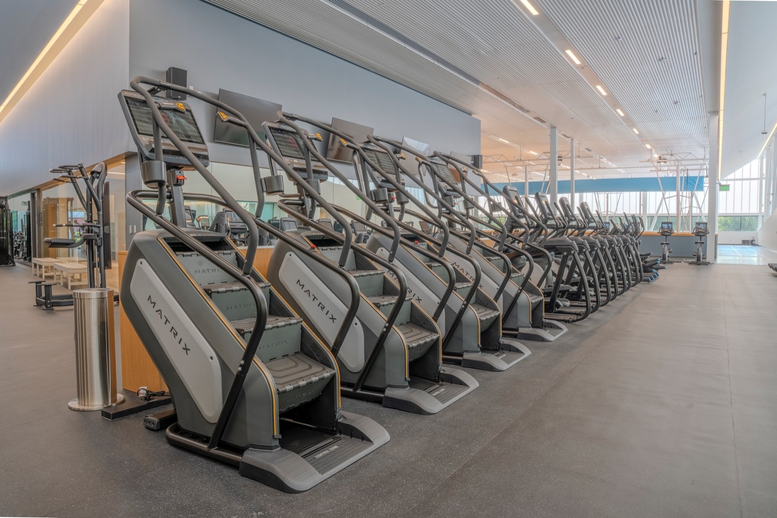 Matrix Fitness stair machines in the newly constructed Ashburn Rec Center — fitness equipment and facility photography
