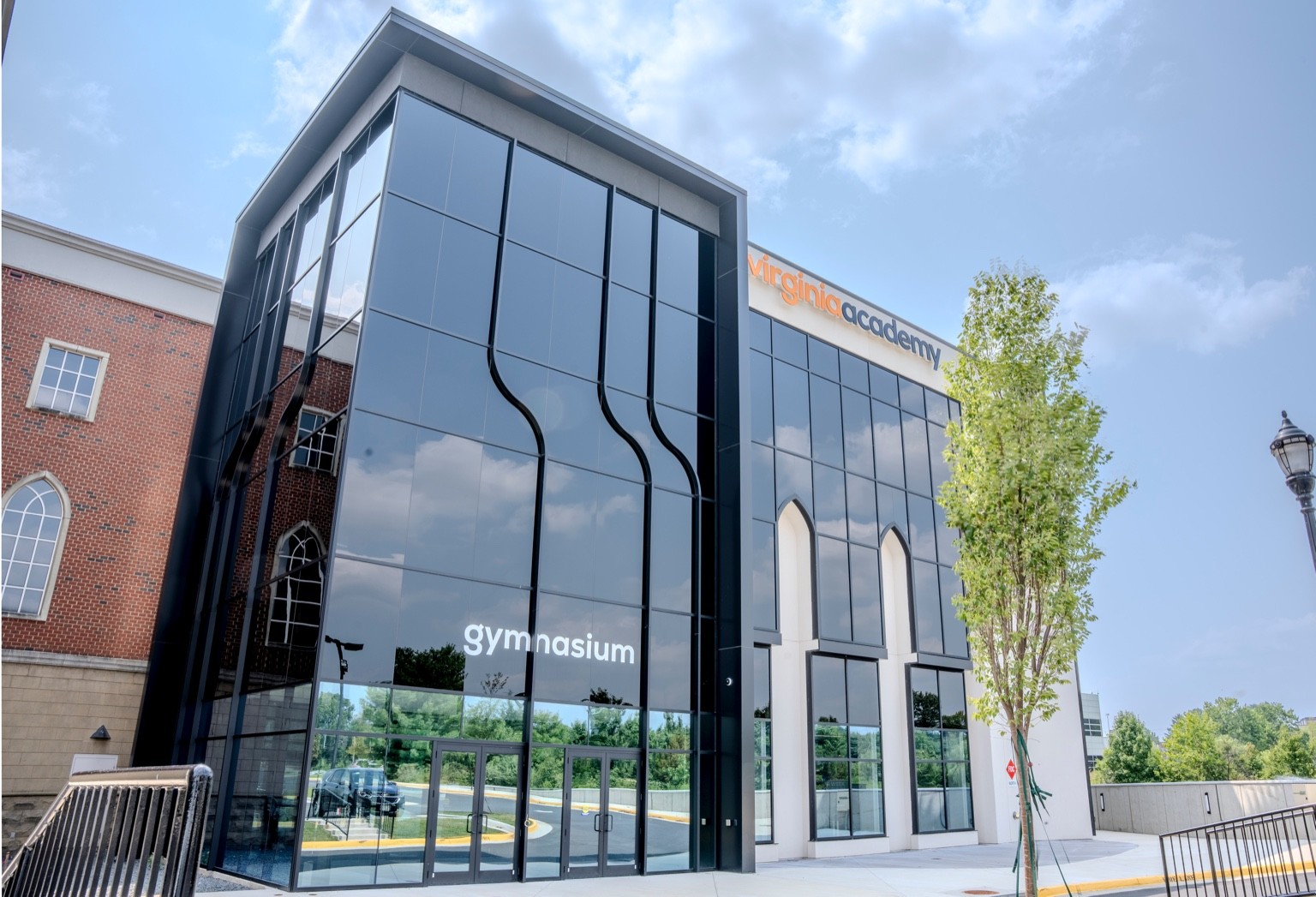 Exterior shot of The Virginia Academy gymnasium in Ashburn VA — commercial building and architectural photography