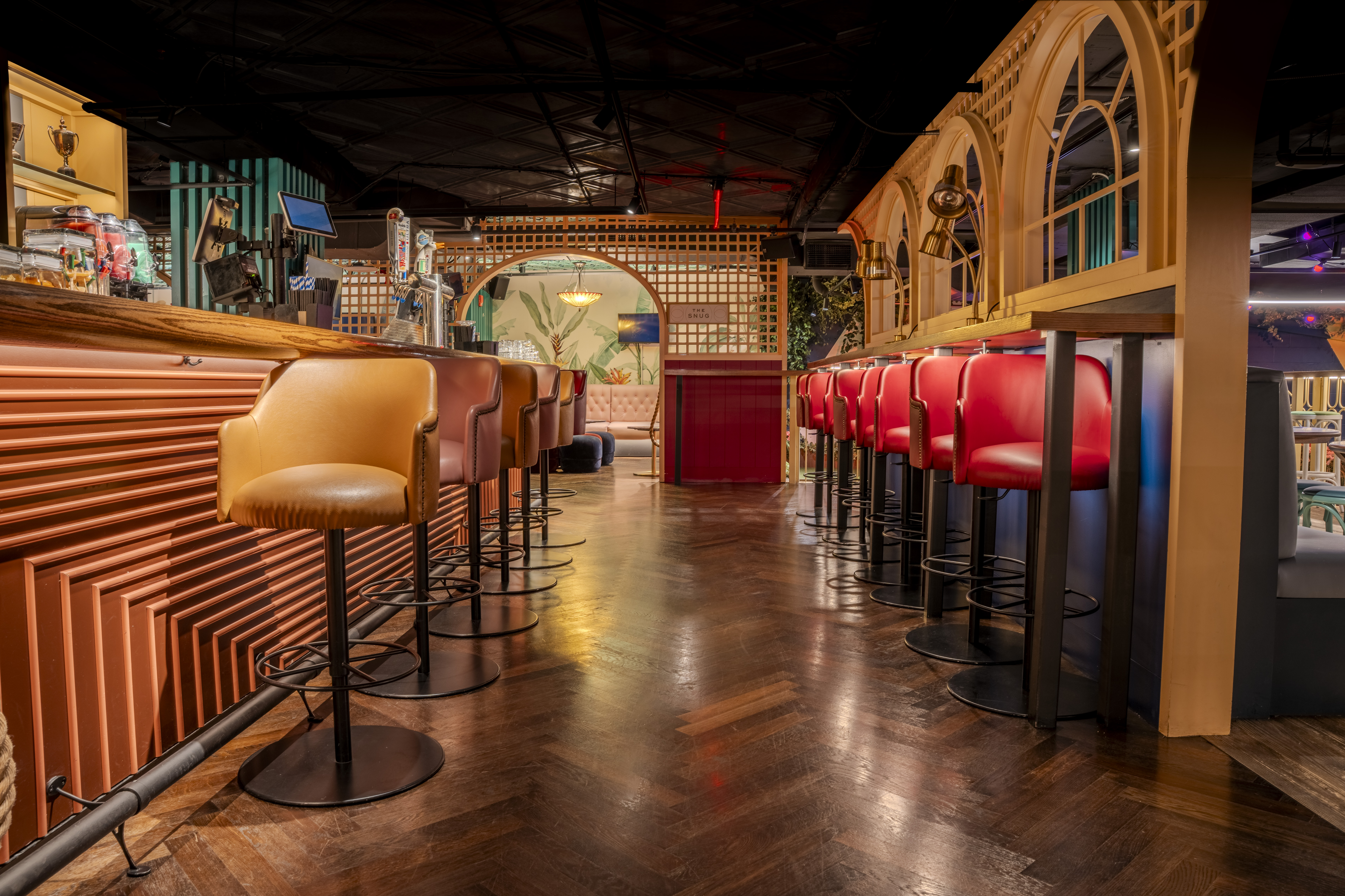 Bar seating area at Swingers Crazy Golf in Dupont Circle Washington DC — restaurant and bar photography