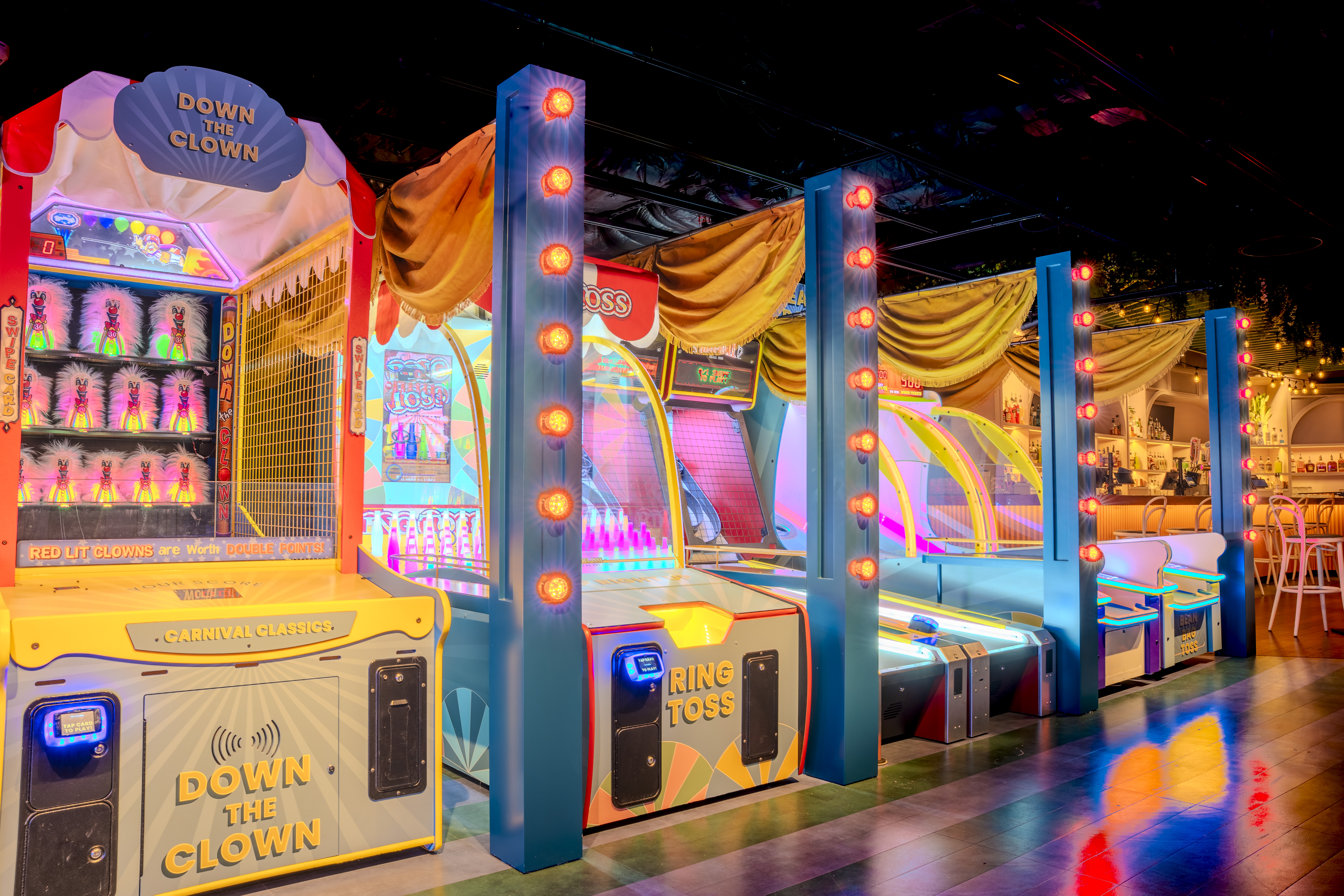 New construction renovation carnival games area at Swingers Crazy Golf Dupont Circle DC — commercial renovation photography