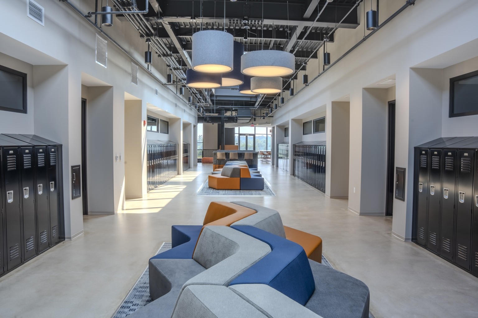 Zig zag chairs in common area at The Virginia Academy in Ashburn VA — commercial interior design photography