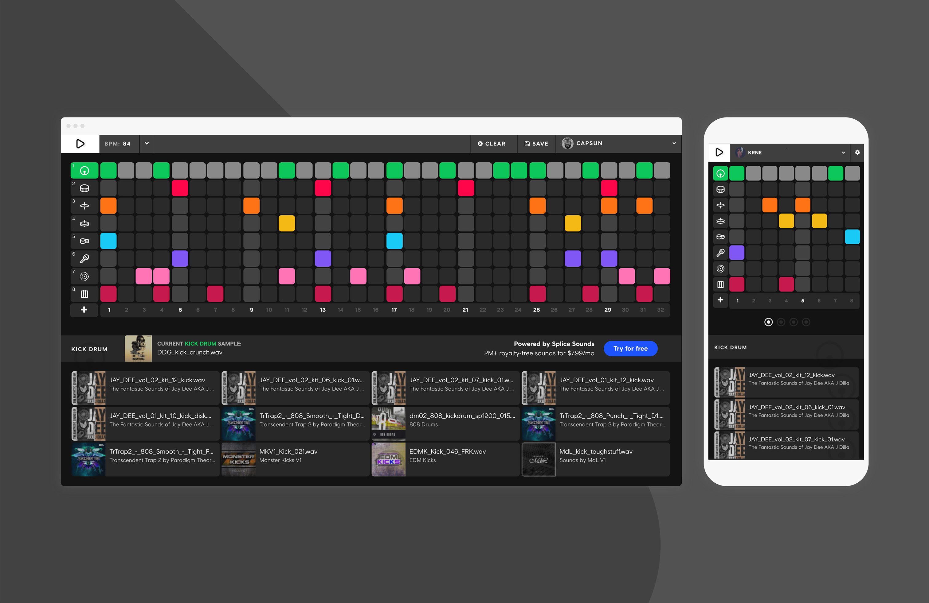 Beat Maker desktop and mobile views side-by-side with multicolor step sequencer grid and Jay Dee Fantastic Sounds samples