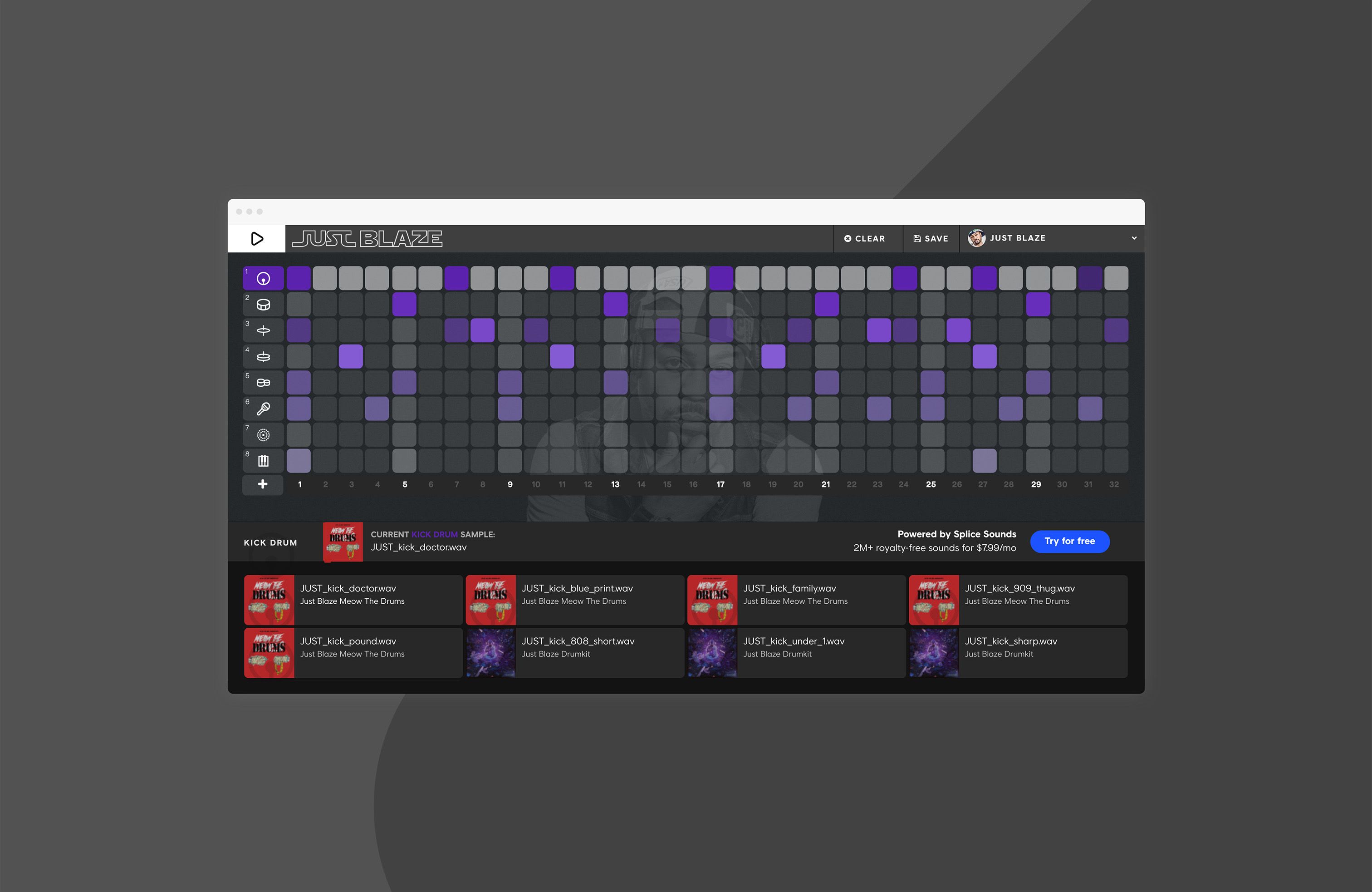 Beat Maker Just Blaze artist session with purple 32-step drum grid and Just Blaze Drums sample panel