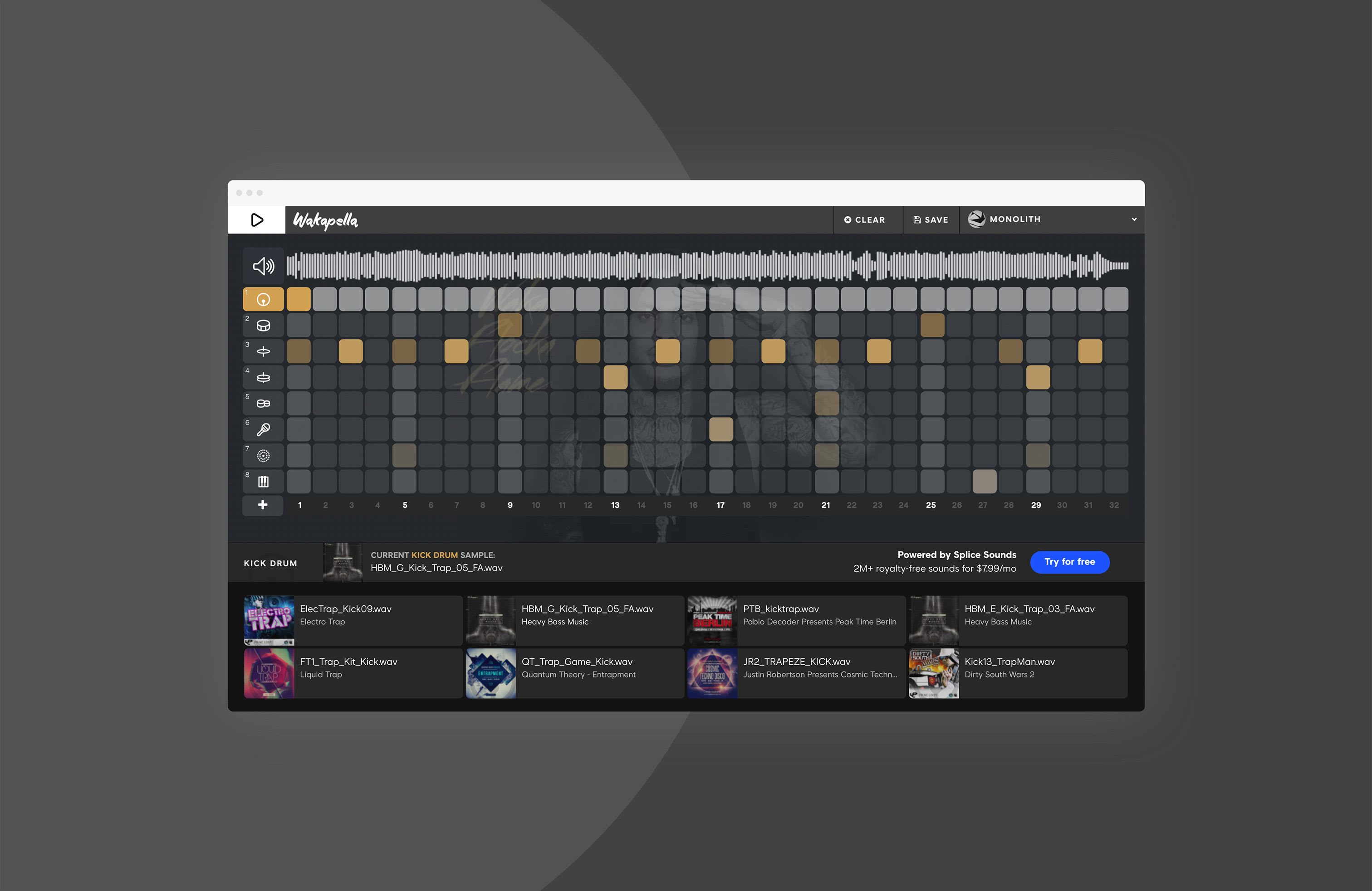 Beat Maker Wakapella session showing waveform preview, gold step sequencer grid, and trap kick drum sample list