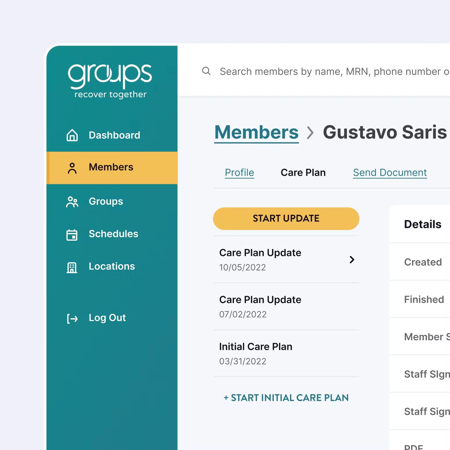 Clinician web admin showing a member’s care plan history with Dashboard and Members navigation