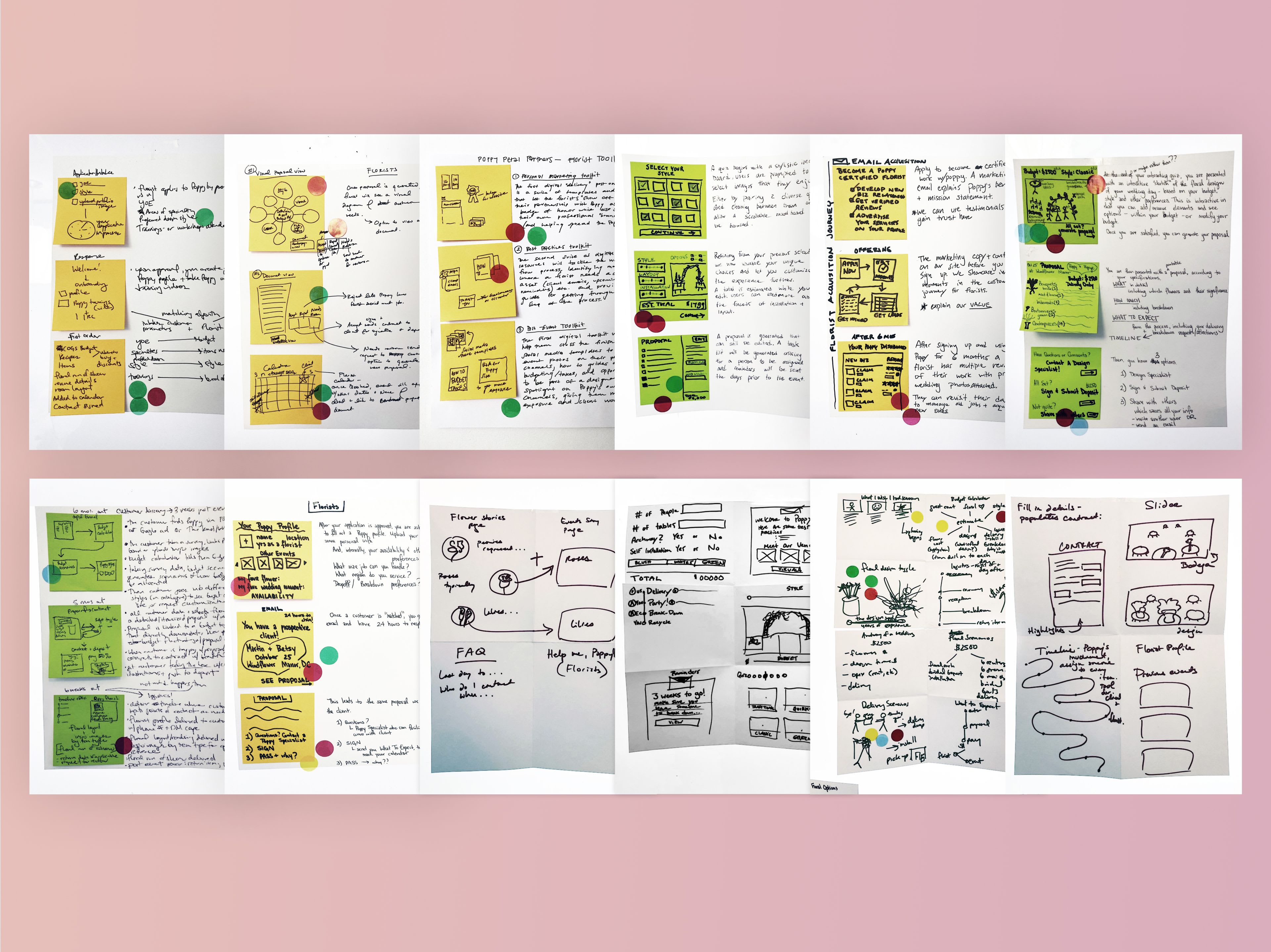 Design sprint sketching sessions: two rows of hand-drawn wireframe sketches with sticky notes