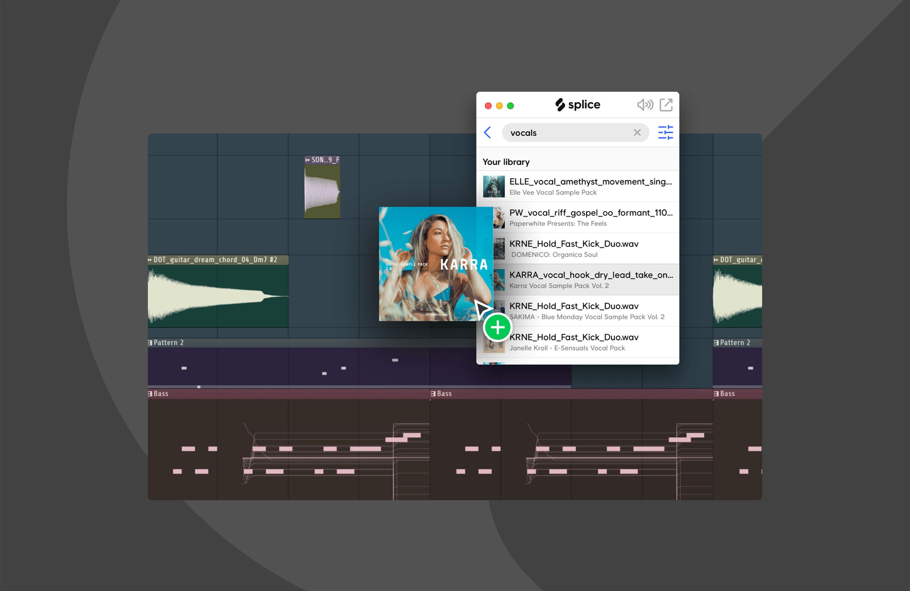 Splice Desktop floating over a DAW timeline, searching vocals with Karra sample pack art highlighted for drag-and-drop