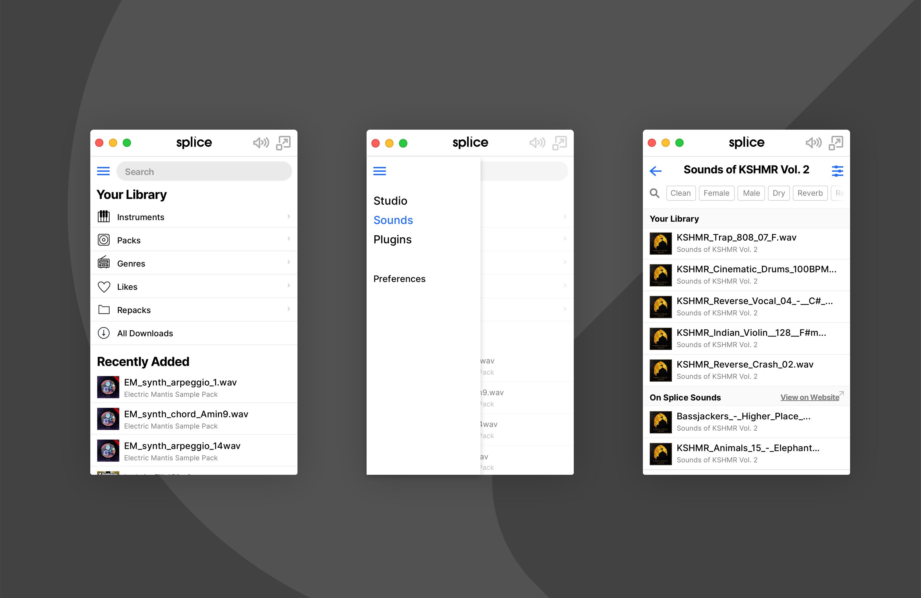 Three Splice Desktop mini-window states: library home with Recently Added, navigation menu, and KSHMR Vol. 2 pack detail