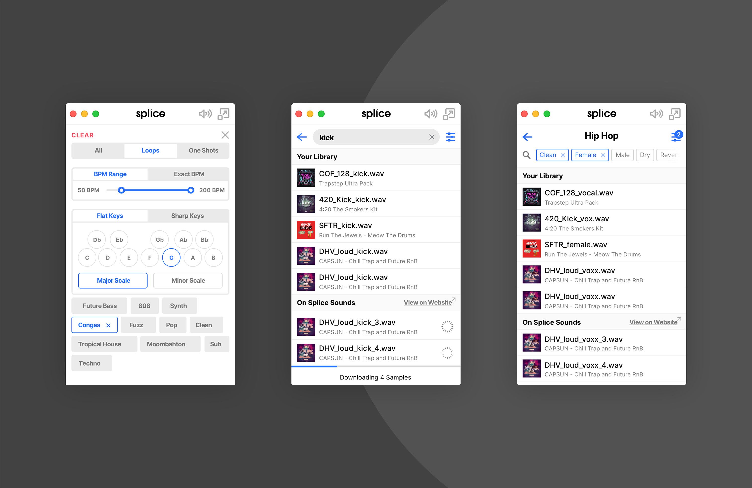 Three Splice Desktop mini-window states: filter panel, kick drum search with active download, and Hip Hop genre browse